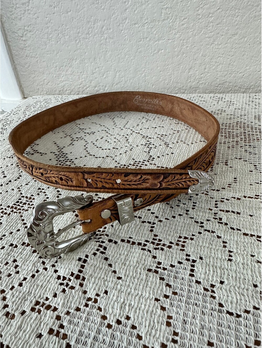 Vintage Hand Tooled Leather Belt Acorn Oak Leaf Western Silver Buckle Size 28